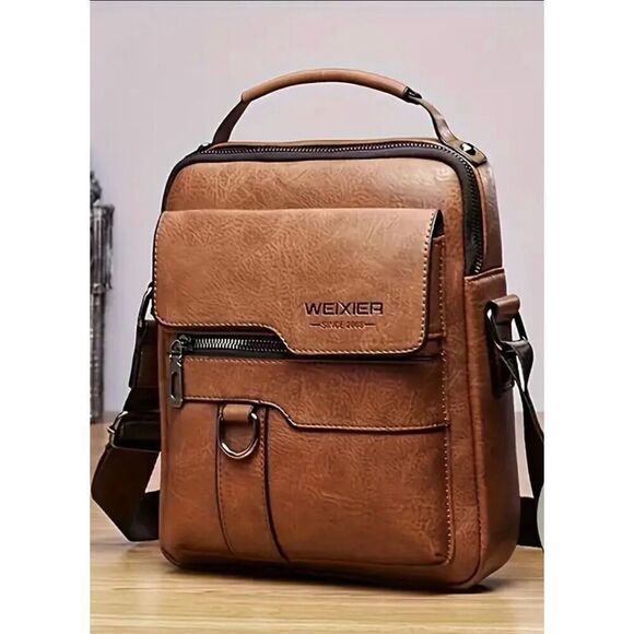 Weixier Vintage-Styled Camel Brown Multi-Pocket Messenger Bag, NWT - Picture 10 of 13